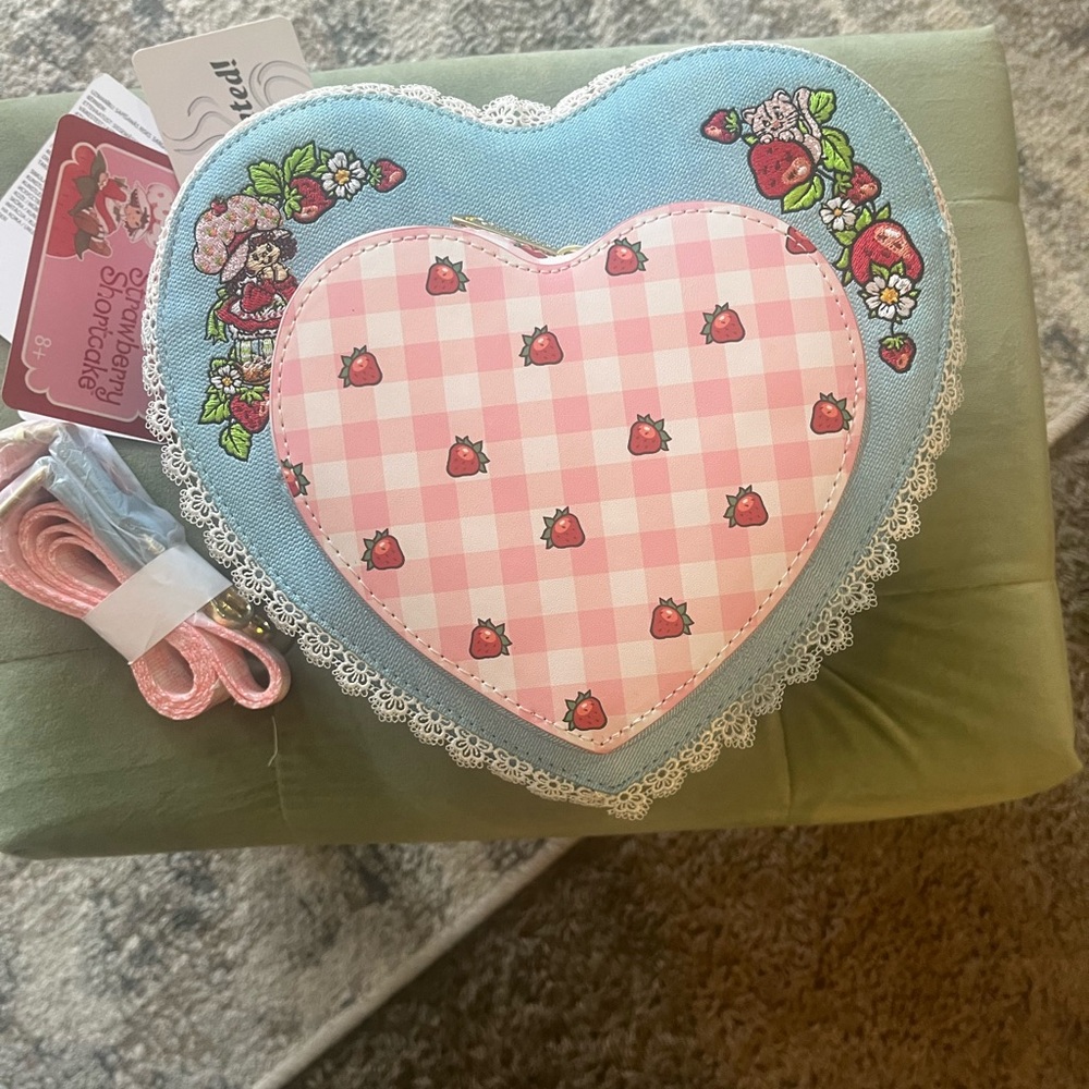 Loungefly Strawberry Shortcake Denim Heart Shaped Crossbody Bag